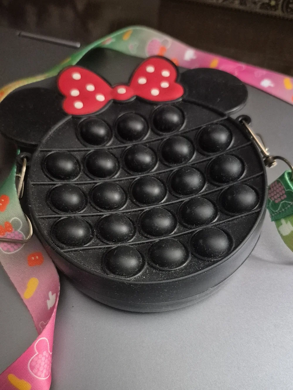 Black Minnie-Style Pop-It Crossbody Bag with Rainbow Lanyard